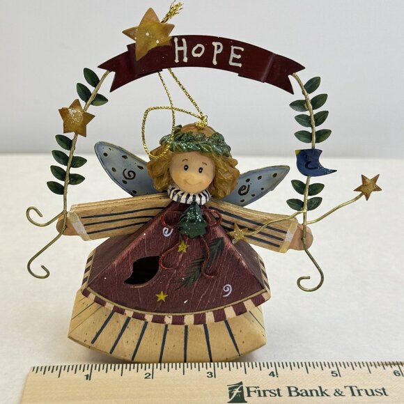 Hand-Painted Wooden Angel Ornament With "Hope" Banner Metal Wings Leaf Accents - Picture 9 of 10
